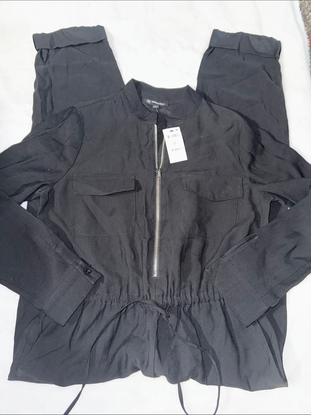 INC International Concepts Black Long-Sleeve Zip-Front Drawstring Jumpsuit - Picture 3 of 4